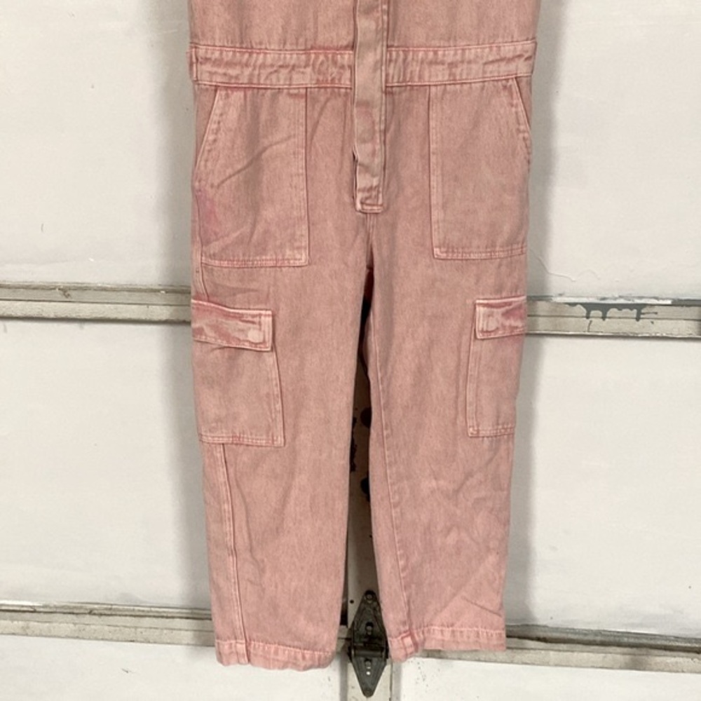 Spool 72 distressed pink denim jean jumpsuit overalls size small Petite - Picture 4 of 12